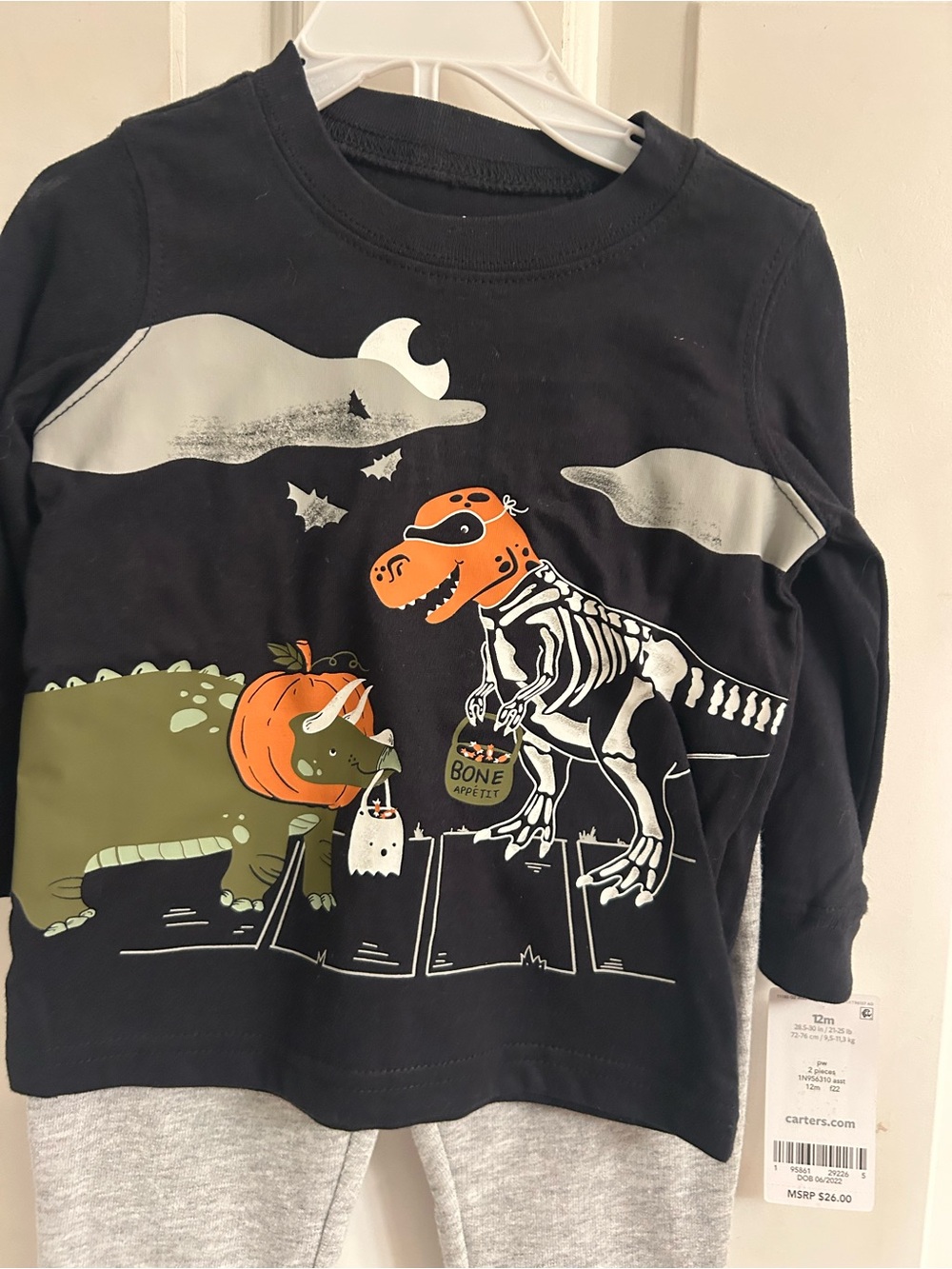 NWT-Carter's Black Halloween Dino Long Sleeve Tee With Gray Sweatpants - Picture 3 of 9